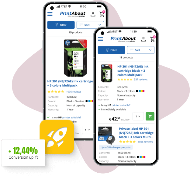 An image of the a and b variants showing a label with 12,44% uplift in conversions on mobile devices